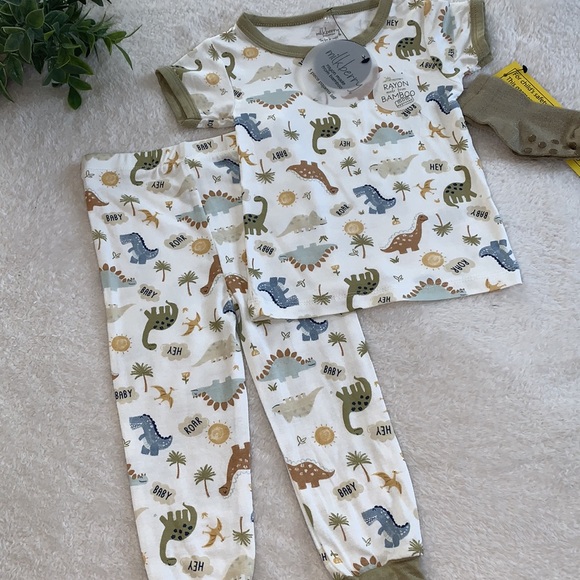 NWT Milkberry 12M Dinosaur Print 3pc. Pajama Set Green/Brown Bamboo PJs - Picture 8 of 8